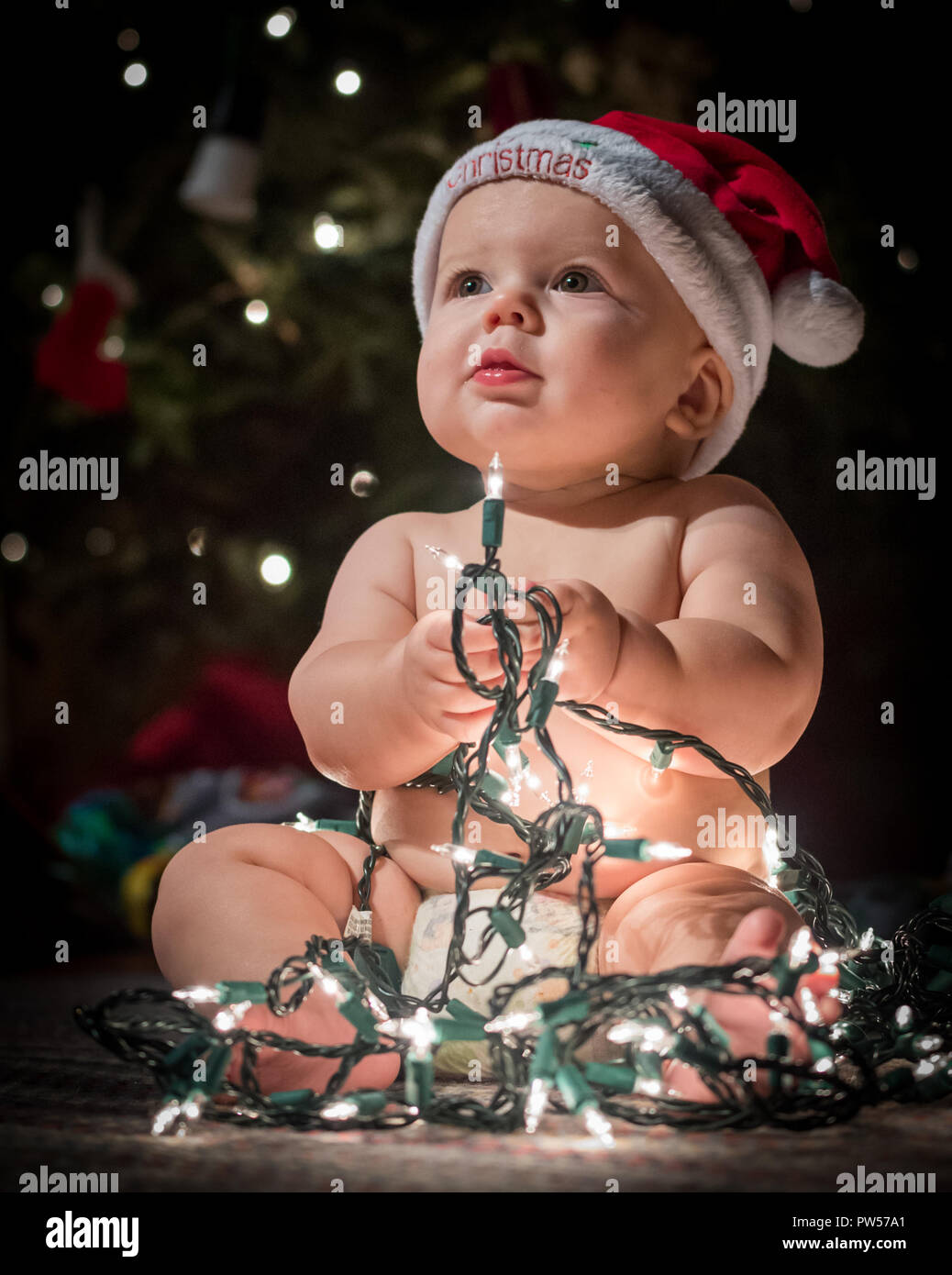 Baby at Christmas with Tree Lights Stock Photo Alamy