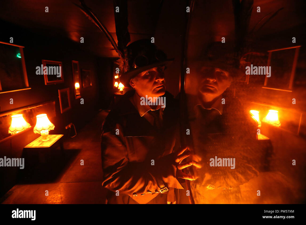 Scott Meiklejohn as the Mad Hatter inside one of the fright rooms at Blair Drummond Safari Park, as finishing touches are put in place ahead of the opening of HalloWild at the park this weekend. Stock Photo