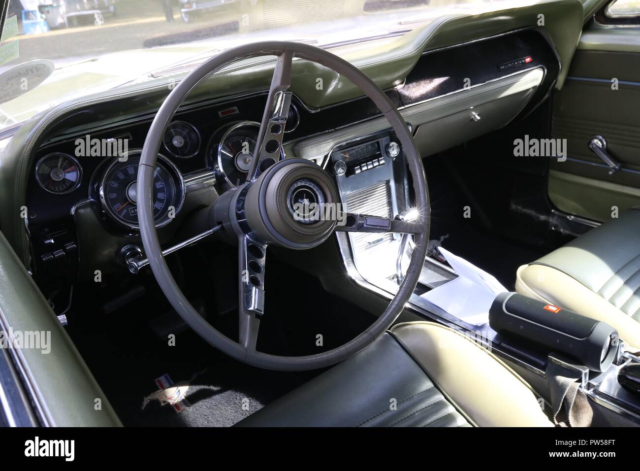 In The Cockpit of a Ford Mustang at Château de Neuville in Gambais (78) – France. Stock Photo