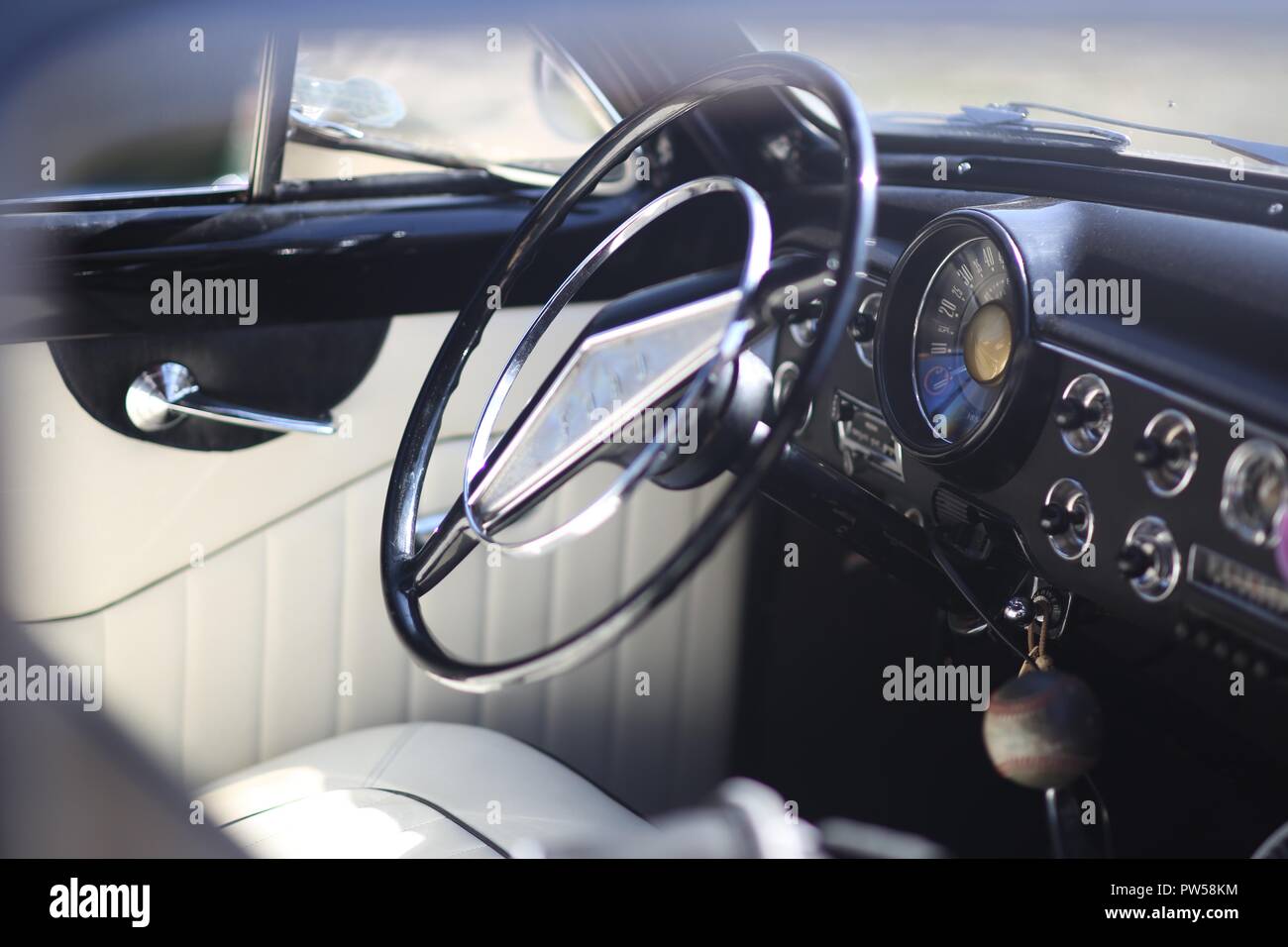 In The Cockpit of a Ford V8 at Château de Neuville in Gambais (78) – France. Stock Photo