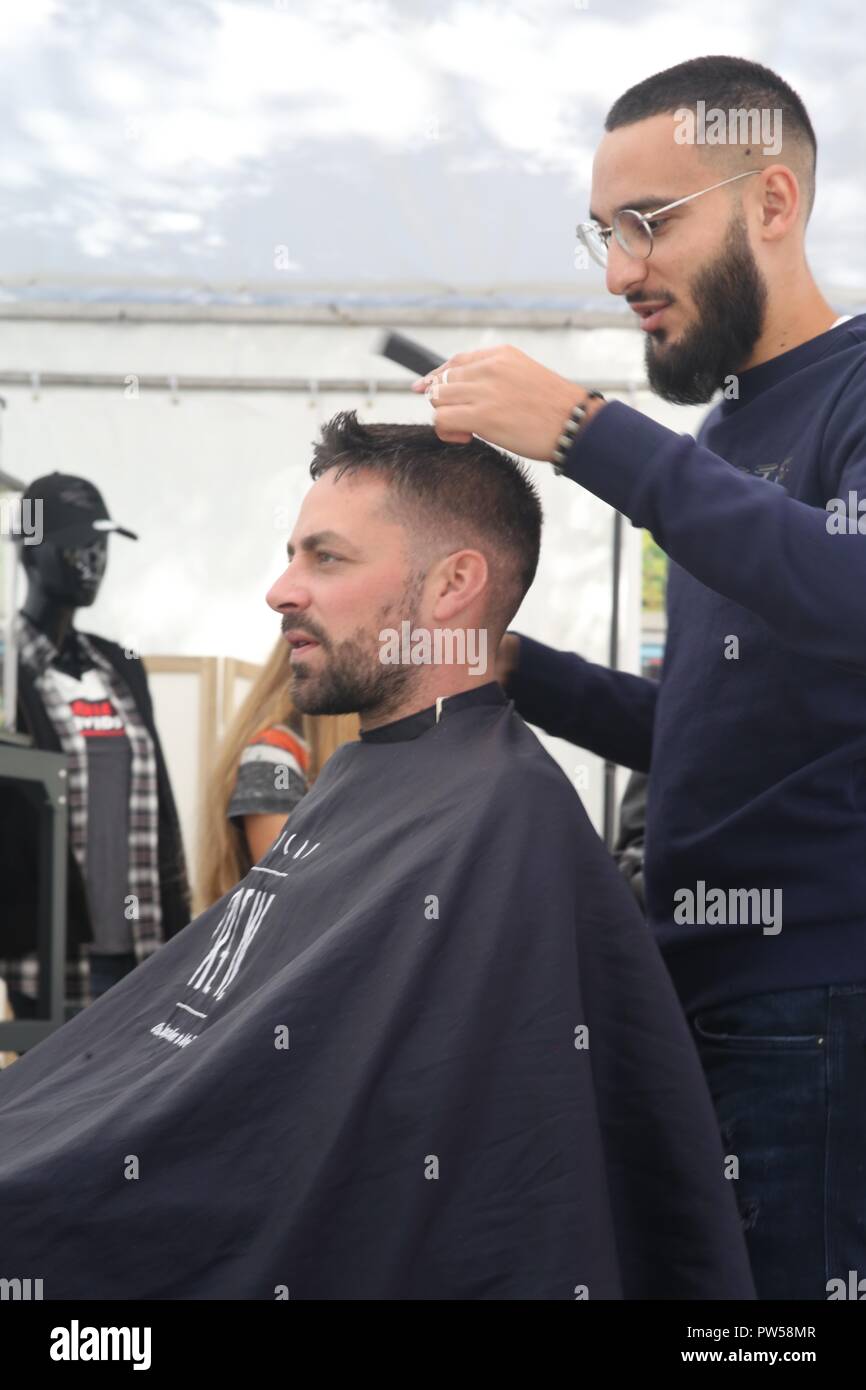 Harley Davidson Barber at work at Château de Neuville in Gambais (78) – France. Stock Photo