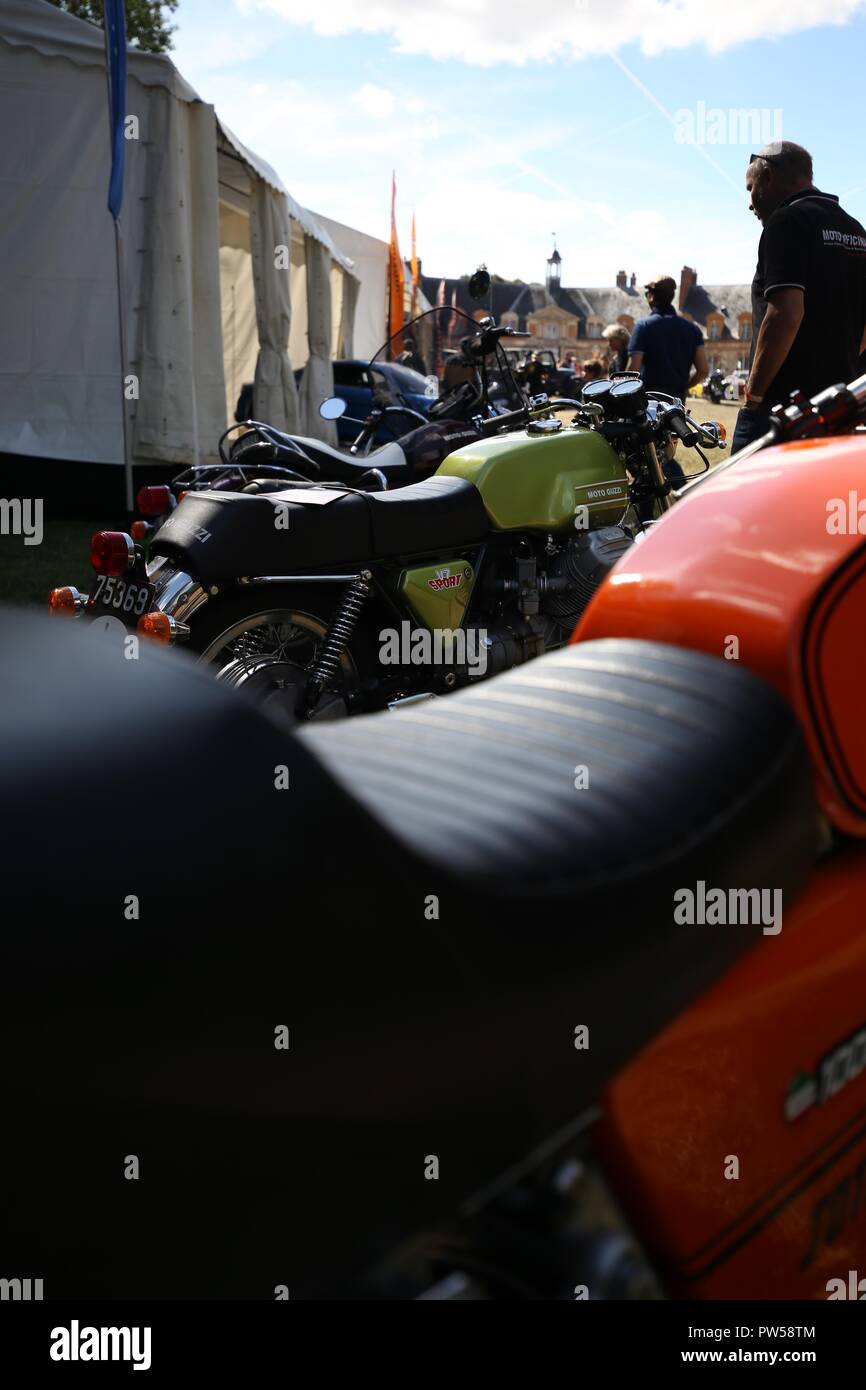 Moto Guzzi V7 Sport at Château de Neuville in Gambais (78) – France. Stock Photo