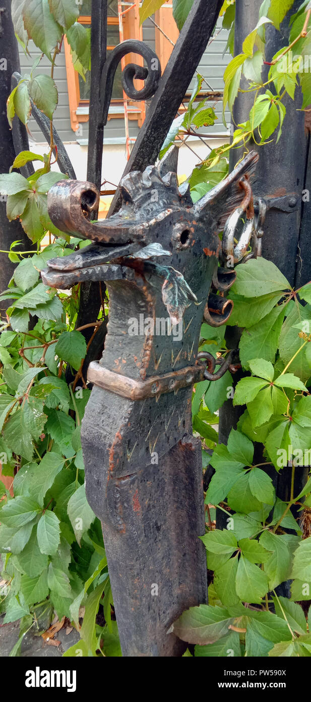 Metal figure of a seahorse forged from metal near the house. Vladimir. Russia. Stock Photo