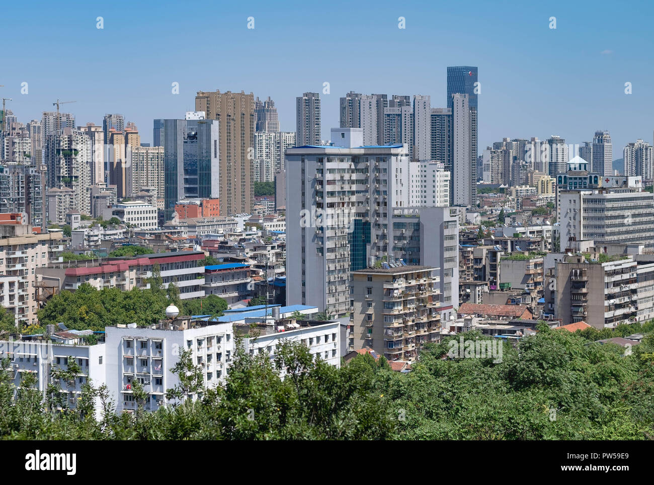 Wuhan China - September 08 2018 : Aerial view Landscape of wuhan city view from the yellow crane tower. this here is one of famous for tourist. Stock Photo