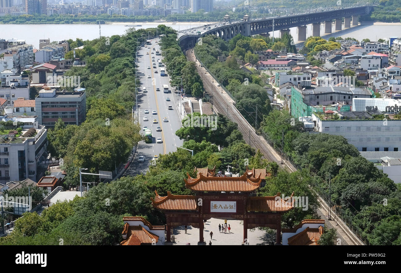 Wuhan China - September 08 2018 :  Panorama View from The Yellow crane tower. the bridge is across a Yantsze River. It’s the frist bridge from this ci Stock Photo