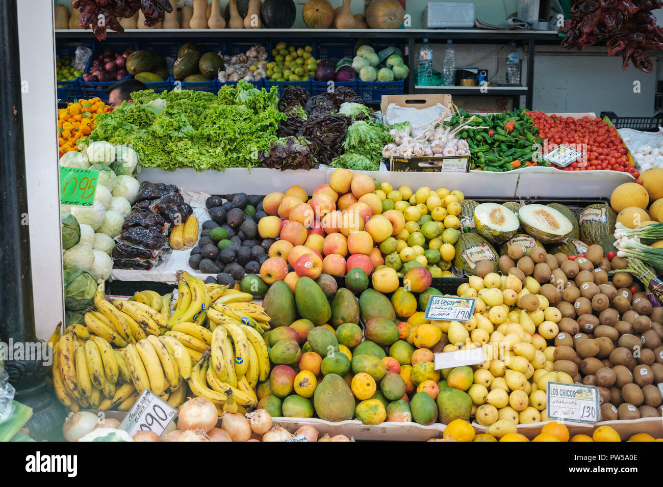 Santa Cruz de Tenerife, Canary Islands, Spain - September 2018: Fruits and vegetables at food market Municipal Market Our Lady of Africa La Recova (sp Stock Photo