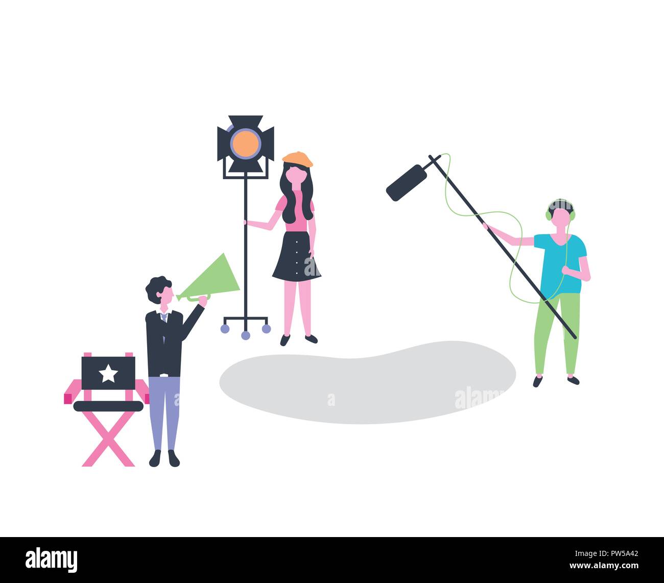 movie people production start scene man holding microphone camera light vector illustration Stock Vector