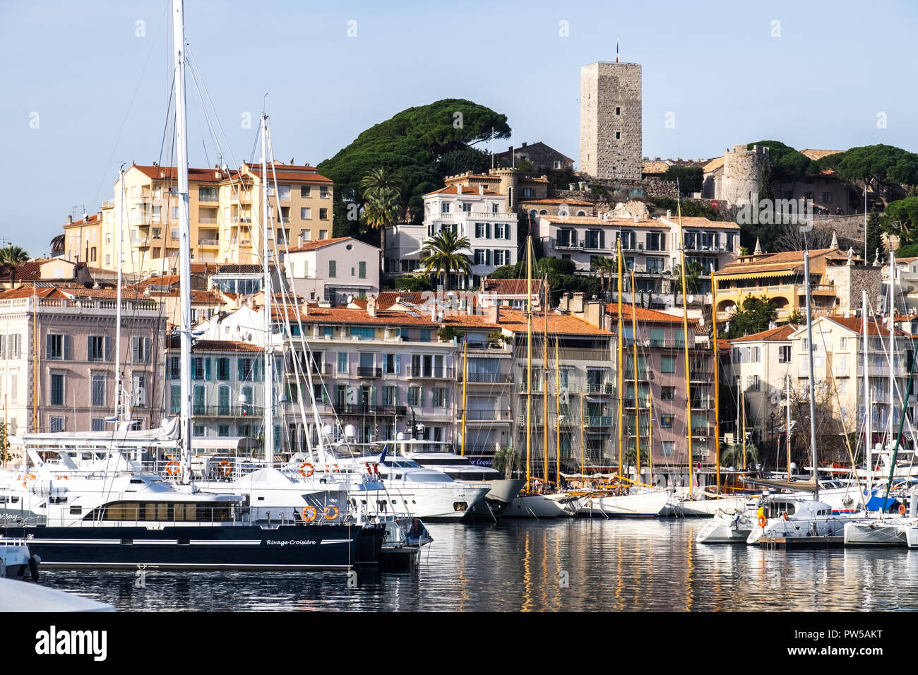 Le Suquet overlooking the old harbour in Cannes, S. France Stock Photo