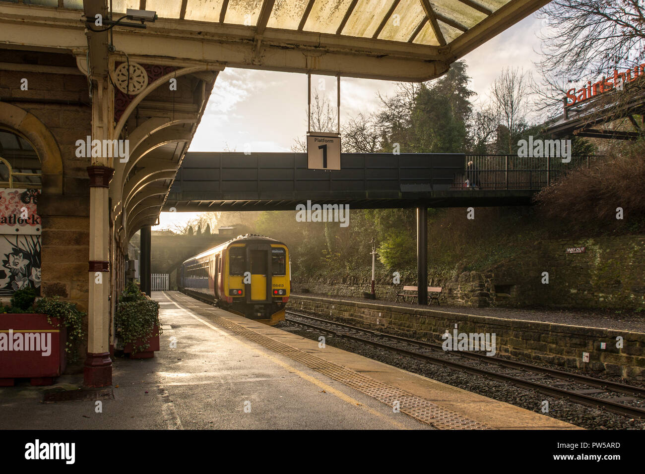 Old Matlock Train Station with a train going back to Nottingham Stock Photo