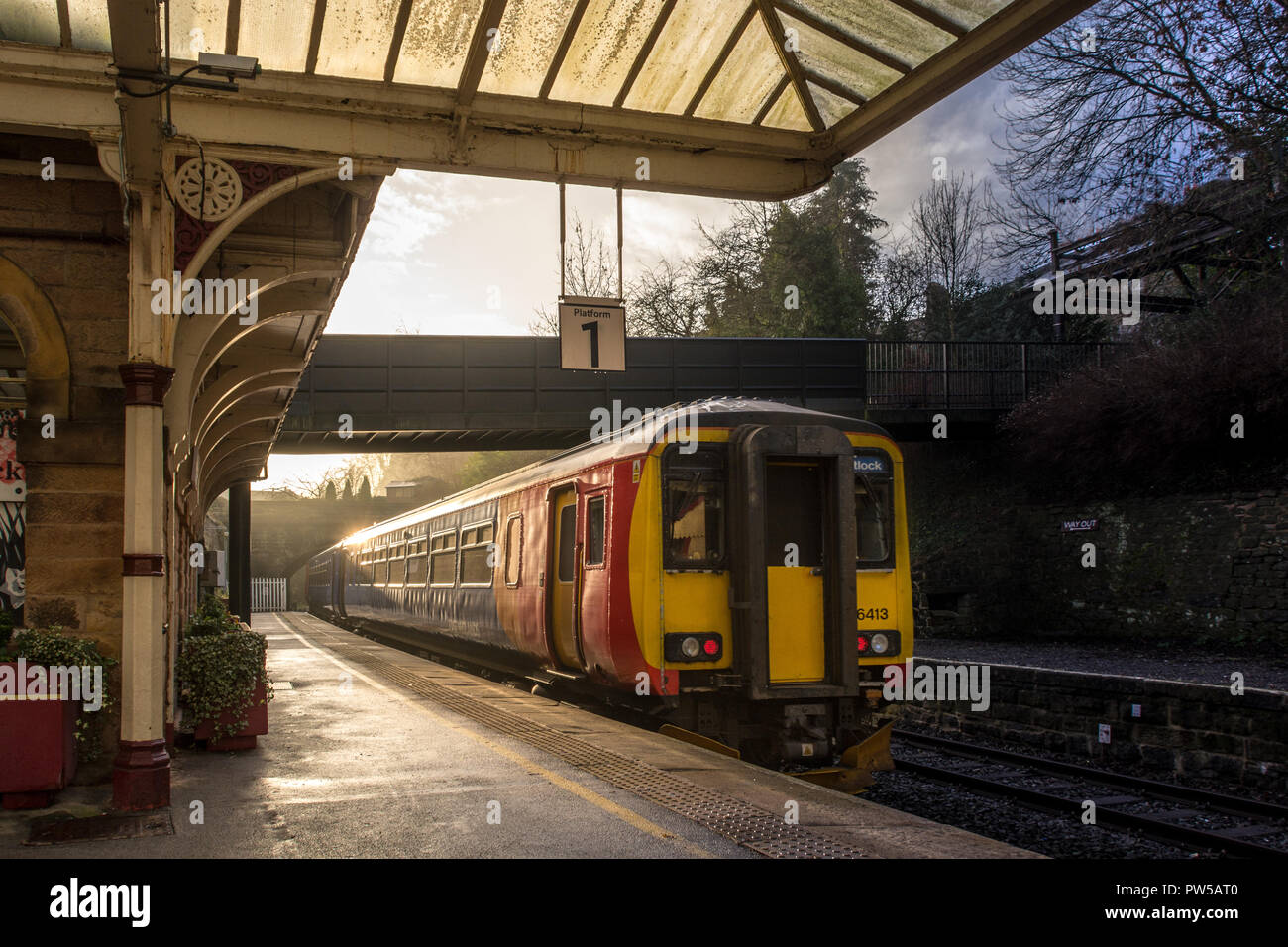 Old Matlock Train Station with a train going back to Nottingham Stock Photo