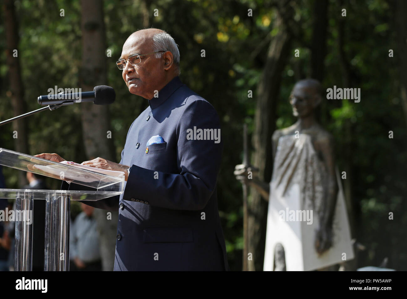 Sofia, Bulgaria - 6 September 2018: The President of India Shri Ram NathKovind speaks during the unveiling of statue of Mahatma Gandhi in Sofia. Stock Photo