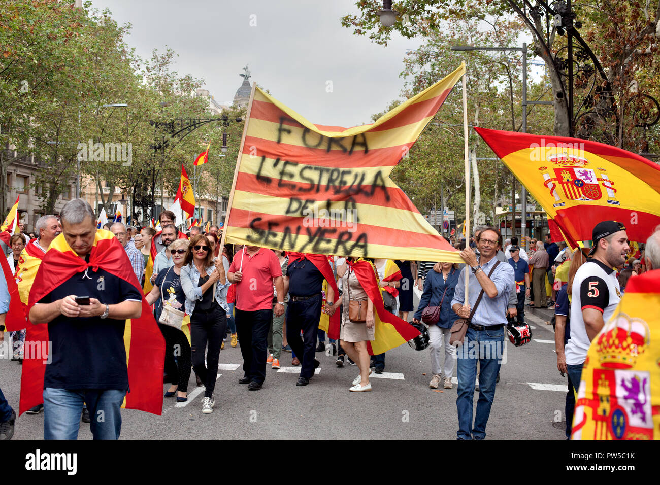 Protestors at anti-Catalan independence rally, Barcelona, Spain. Stock Photo