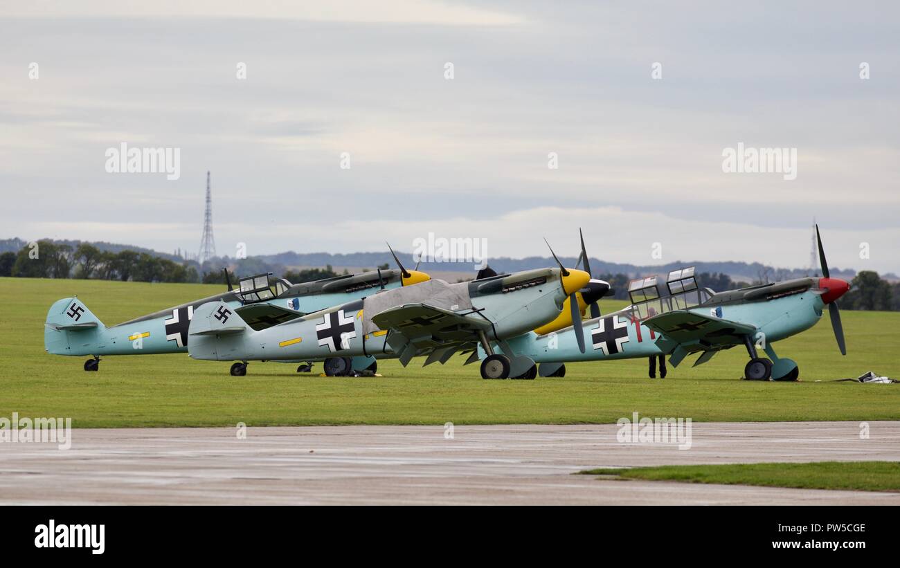 3 Hispano HA-1112 M4L Buchons (Messerschmitt Bf 109) getting ready to take part in the Battle of Britain Airshow at Duxford on the 23rd September 2018 Stock Photo