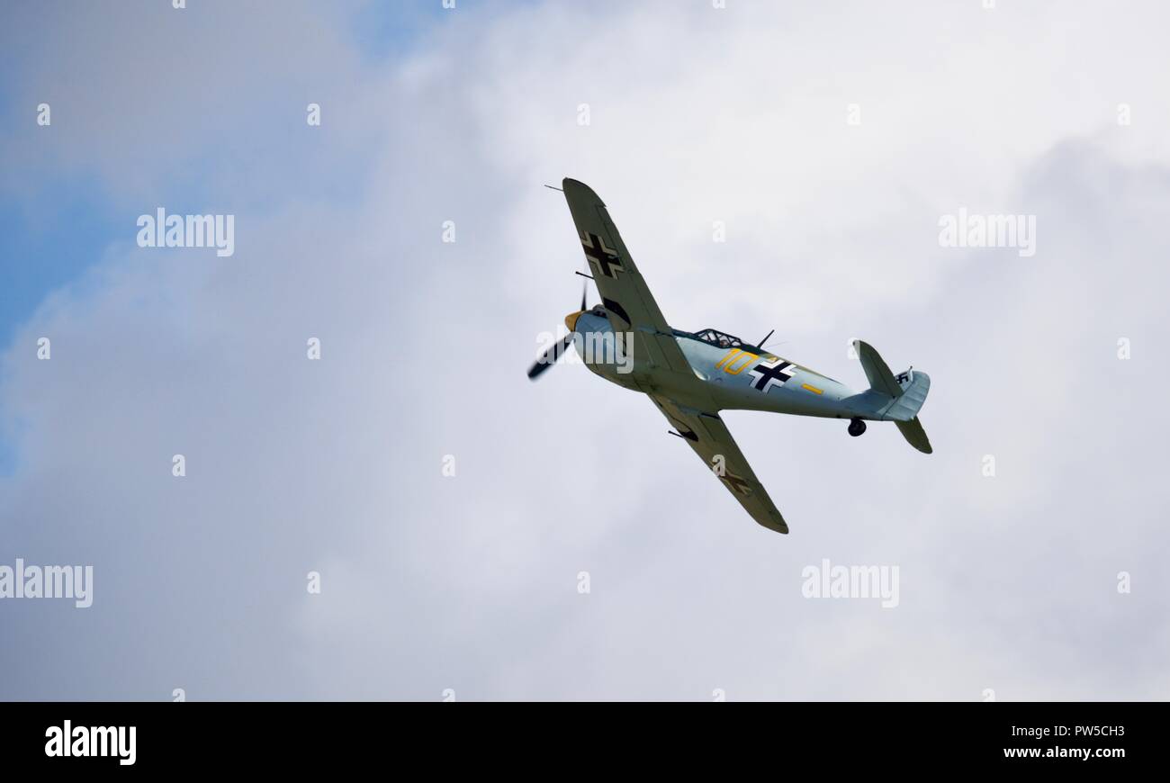 Hispano HA-1112-M4L Buchon “Yellow 7″ (G-AWHM) at the IWM Duxford Battle of Britain Airshow on the 23 September 2018 Stock Photo