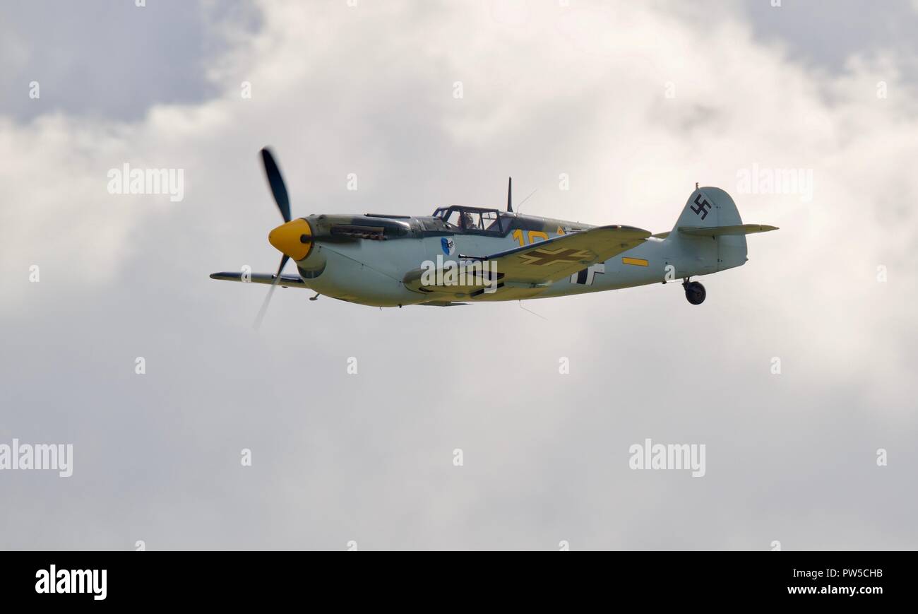 Hispano HA-1112-M4L Buchon “Yellow 7″ (G-AWHM) at the IWM Duxford Battle of Britain Airshow on the 23 September 2018 Stock Photo