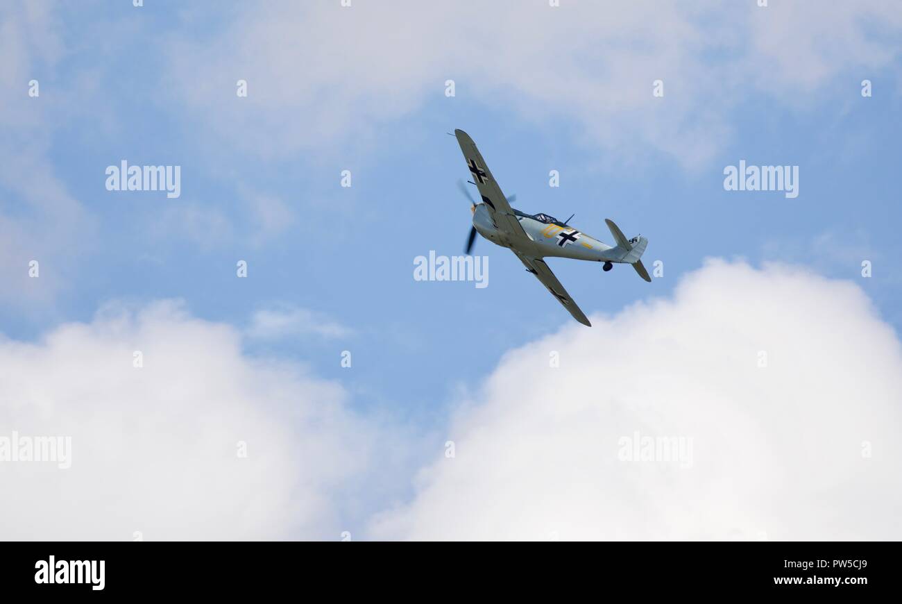 Hispano HA-1112-M4L Buchon “Yellow 7″ (G-AWHM) at the IWM Duxford Battle of Britain Airshow on the 23 September 2018 Stock Photo