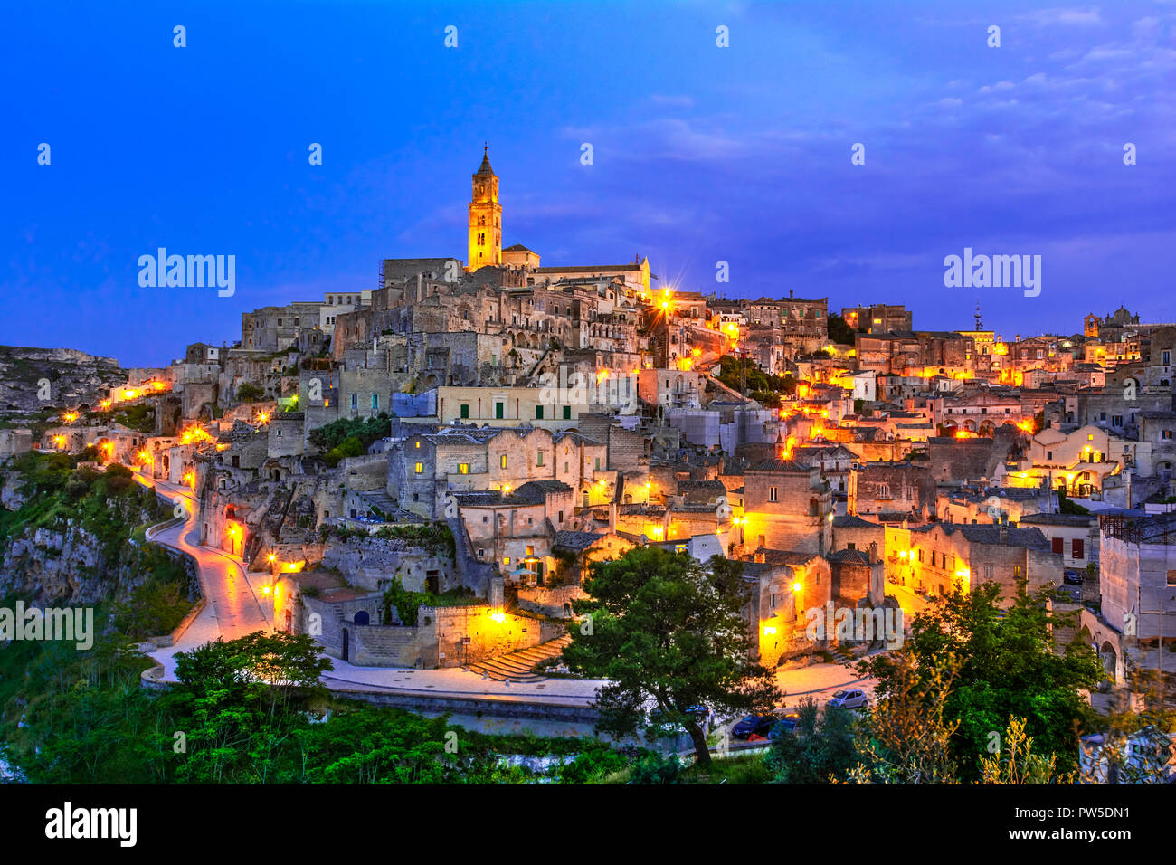 Matera, Basilicata, Italy: Landscape view of the old town - Sassi di Matera, European Capital of Culture, at dawn Stock Photo