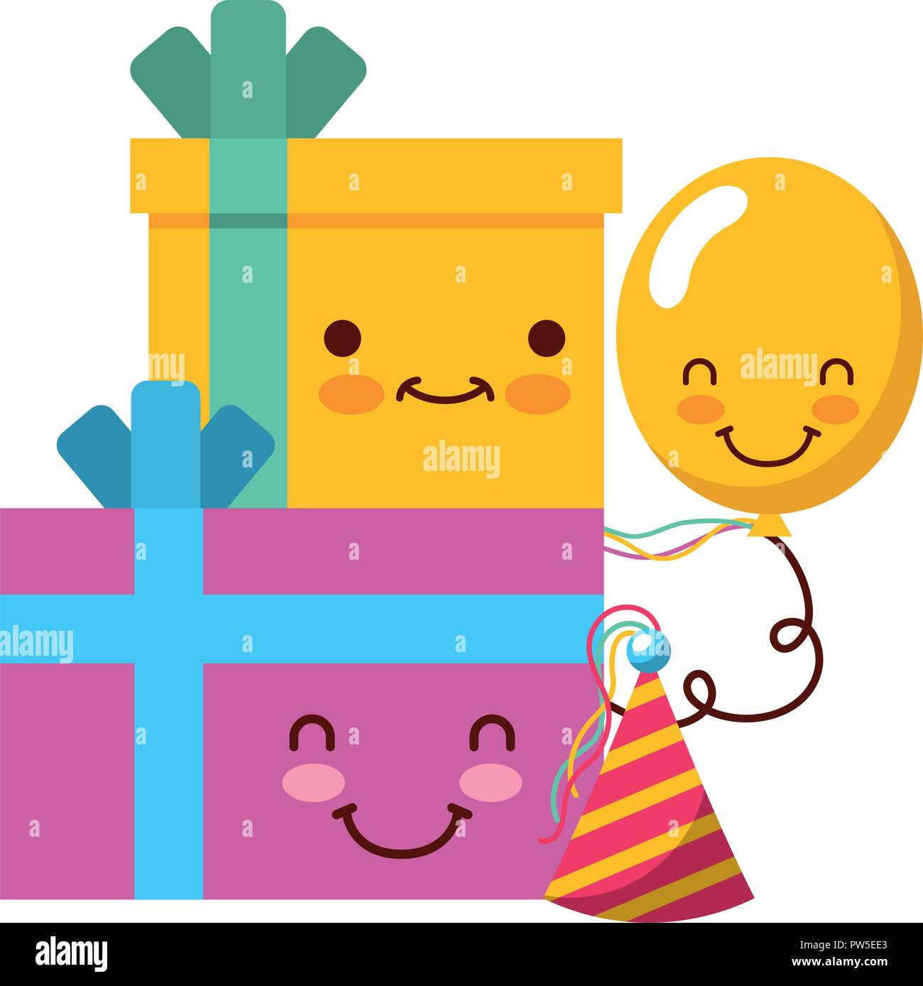 birthday kawaii cartoon gifts box balloons party vector illustration