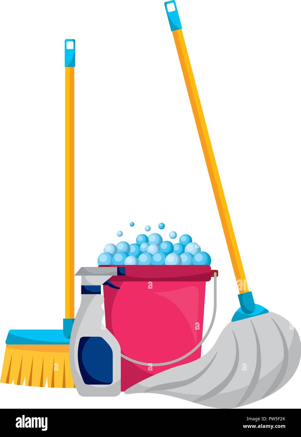 Cleaning supplies, tools, household chemicals and cleaning solutions.  Household detergents, trash can, mop, gloves and bucket vector Illustration  set. House cleaning supplies, Stock vector