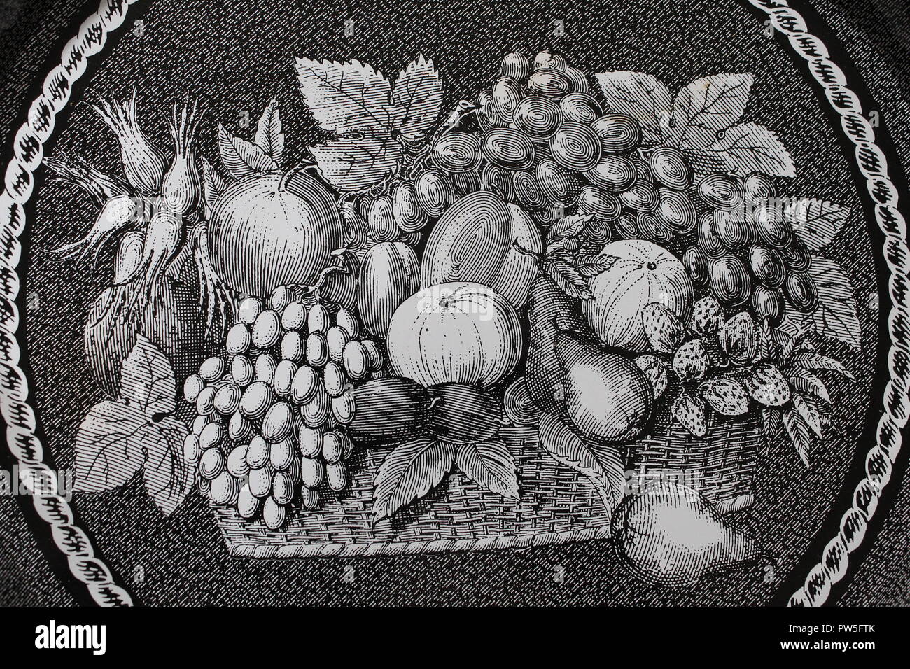 Black and white image of plants and fruits Stock Photo