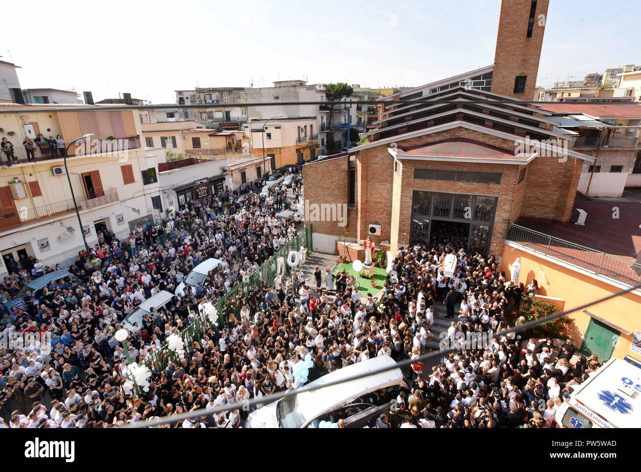 Naples, a moment of the funeral of Raffaele Perinelli, at the church of Sant'Alfonso and San Gerardo in via Janfolla in Miano. The 21-year-old football player was stabbed in the chest and killed Saturday night after a fight with a neighbor. 12/10/2018, Naples, Italy Stock Photo