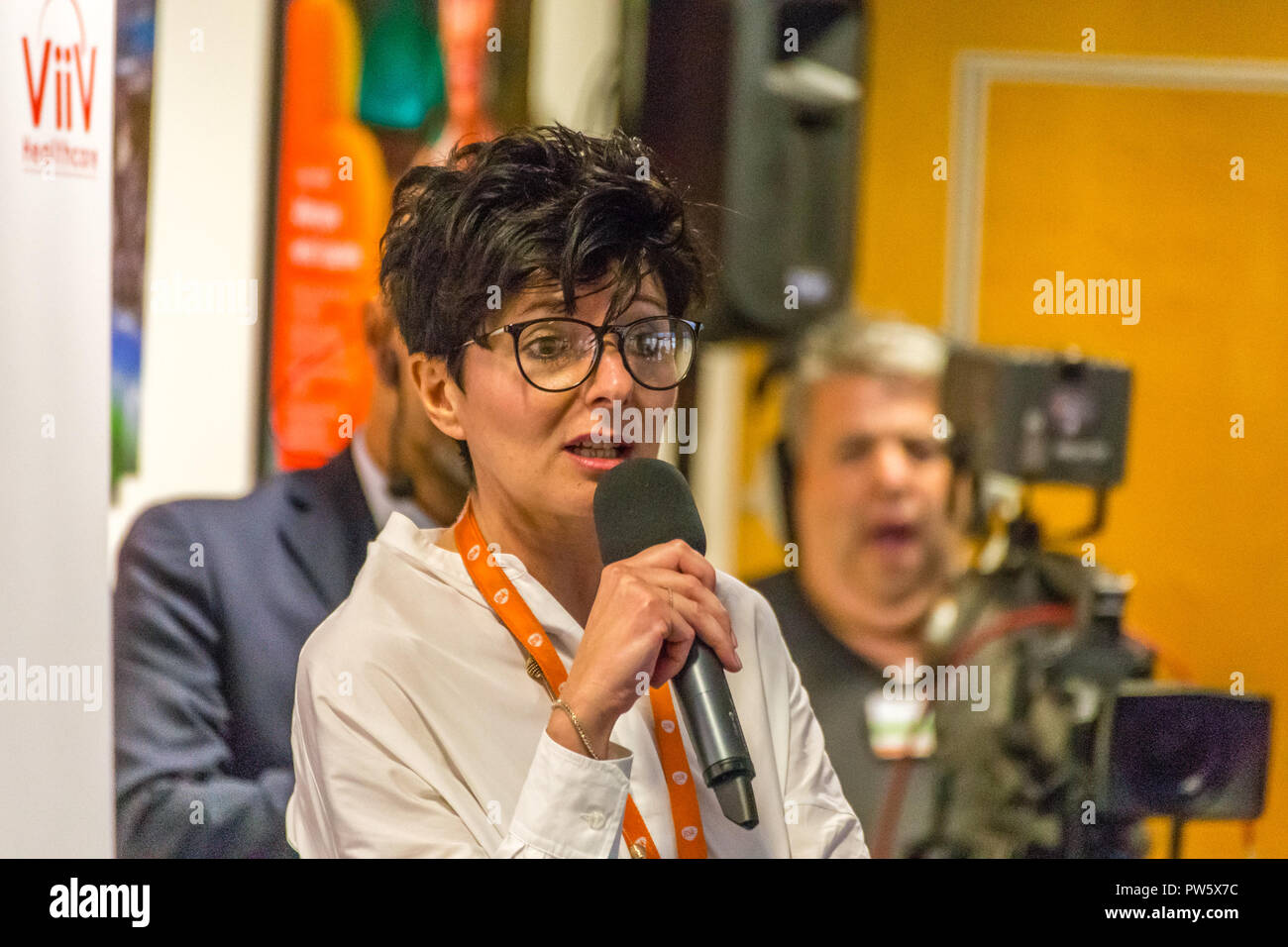 San Polo di Torrile, Italy.  12th October, 2018. Maria Chiara Amadei, GSK site director in San Polo di Torrile, speaks at the inauguration of the new plant to produce Fostemsavir, innovative drug for treatment-resistant HIV patients. GoneWithTheWind/Alamy Live News Stock Photo
