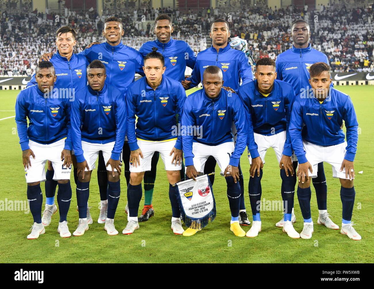 Doha, Qatar. 12th Oct, 2018. Ecuador soccer team line up prior to an international friendly soccer match between Qatar and Ecuador in Doha, Qatar, Oct. 12, 2018. Qatar won 4-3. Credit: Nikku/Xinhua/Alamy Live News Stock Photo