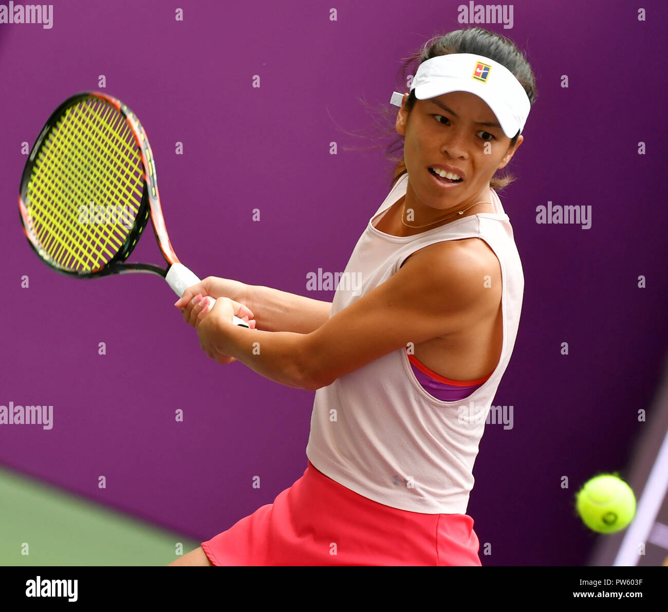 Tianjin, China. 13th Oct, 2018. Hsieh Su-Wei of Chinese Taipei competes  during the women's singles semifinal against Caroline Garcia of France at  the WTA Tianjin Open tennis tournament in Tianjin, north China,