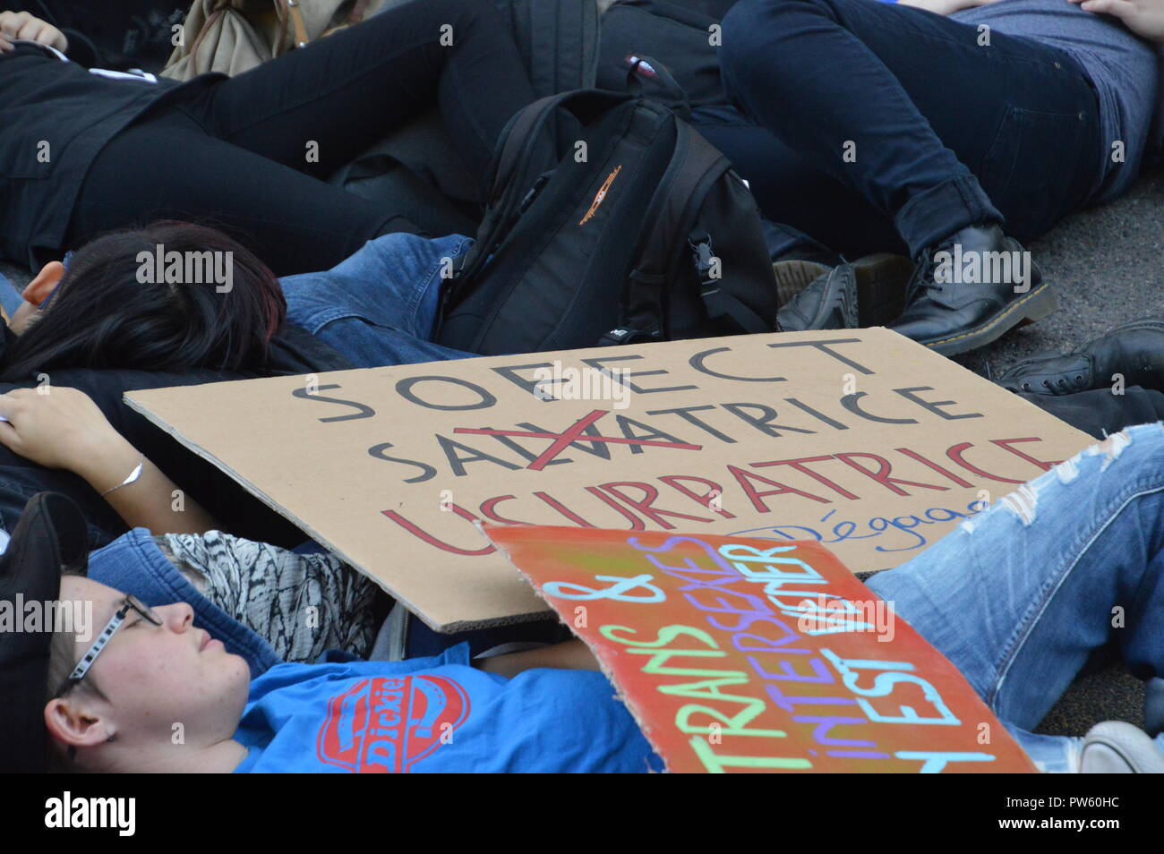 Paris, France. 13th October, 2018. Die-in against theÂ  " pathologization " of the transexuality ; Some hours before theÂ  22nd Existrans March. Hopital Salpetriere, Paris, France. 13 october 2018. 11hÂ   ALPHACIT NEWIM / Alamy Live News Stock Photo