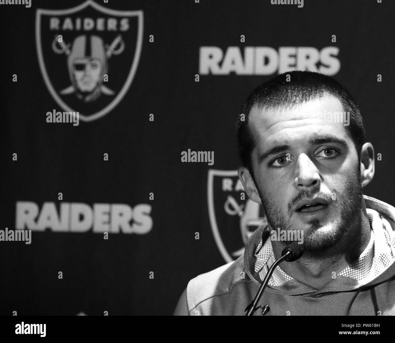 Quarterback Derek Carr at the Oakland Raiders Press Conference at the London Hilton, Wembley, UK ahead of their NFL UK International Series game vs Seattle Seahawks, Wembley Stadium, London, UK, 12th October 2018  Photo by Keith Mayhew Stock Photo