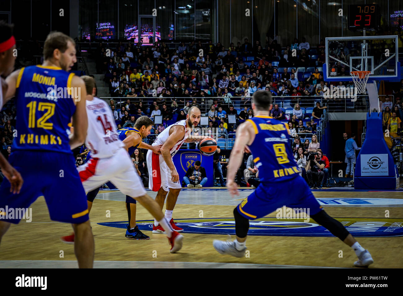 Vassilis Spanoulis, #7 of Olympiacos Piraeus in action against Khimki Moscow in the Turkish Airlines Euroleague Opening round of the 2018-2019 season. (Olympiacos Piraeus defeated Khimki Moscow Region 87-66) Stock Photo
