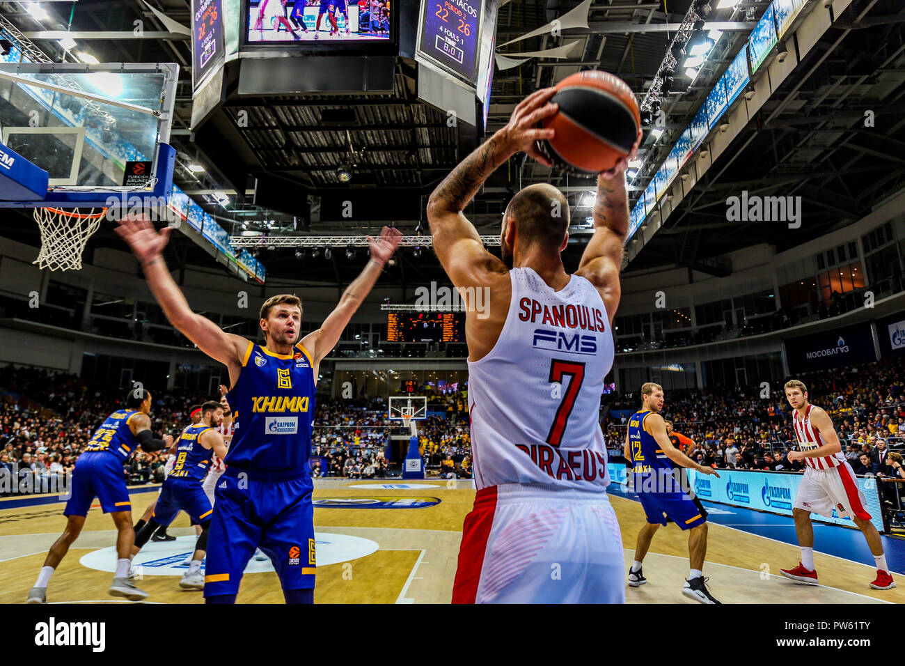 Vassilis Spanoulis, #7 of Olympiacos Piraeus in action against Khimki Moscow in the Turkish Airlines Euroleague Opening round of the 2018-2019 season. (Olympiacos Piraeus defeated Khimki Moscow Region 87-66) Stock Photo