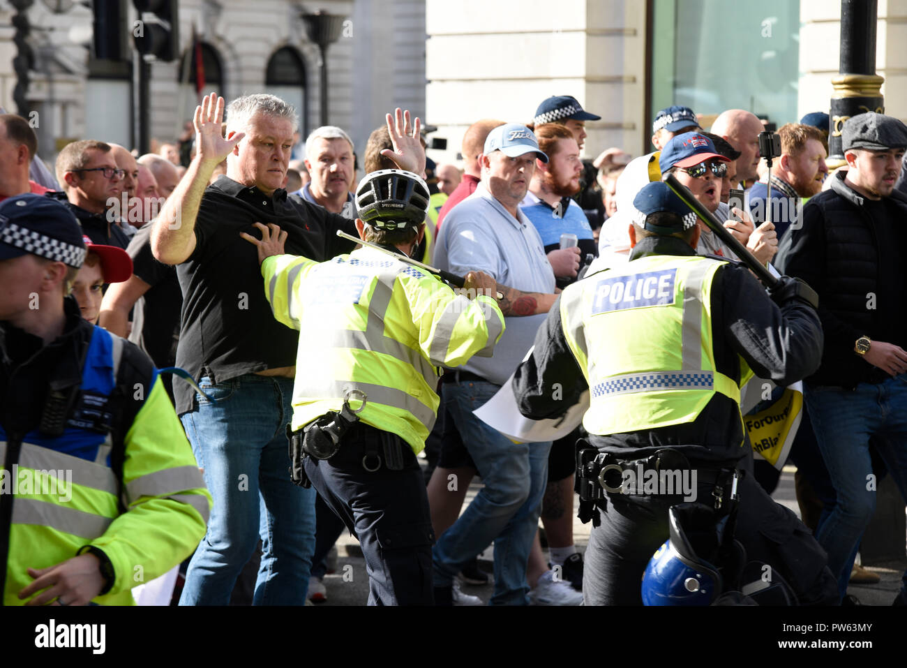 Democratic Football Lads Alliance DFLA marching towards Parliament, London, in protest demonstration. Marchers broke through a police cordon and scuffles took place Stock Photo