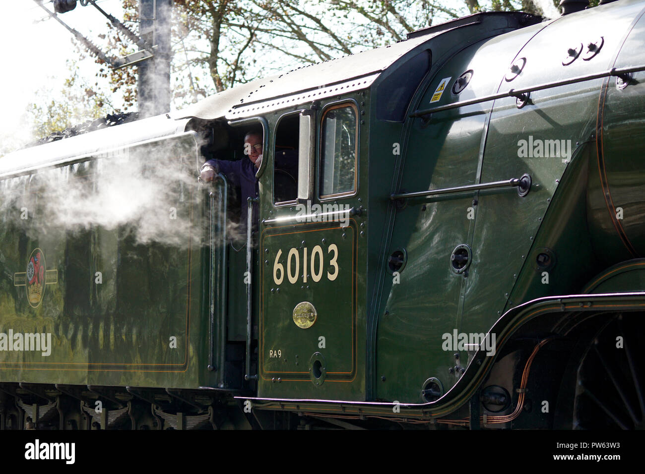 The Fireman on the footplate of Flying Scotsman as she leaves a siding on the East Coast Mail Line, having stopped to take on water during an excursion planned as a memorial to Alan Pegler, the man who saved the locomotive from the scrap yard in 1963.  Pictured here a few miles after the section at Sutton Bank where she secured the land speed record at 100mph in 1934 and where during the memorial run Alan Peglar's ashes were committed to the firebox. Stock Photo