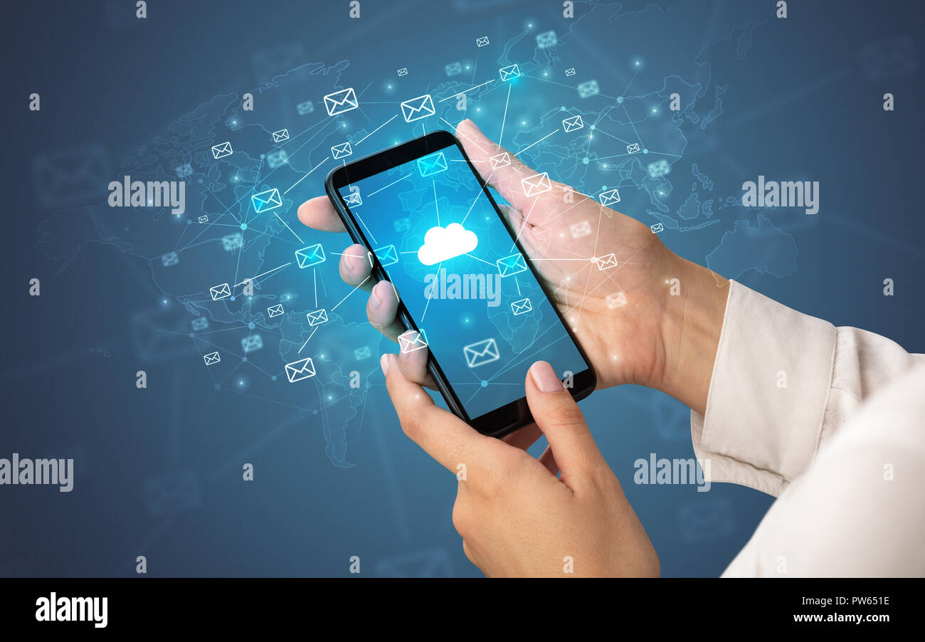 Female hand using smartphone with cloud, message and global concept ...