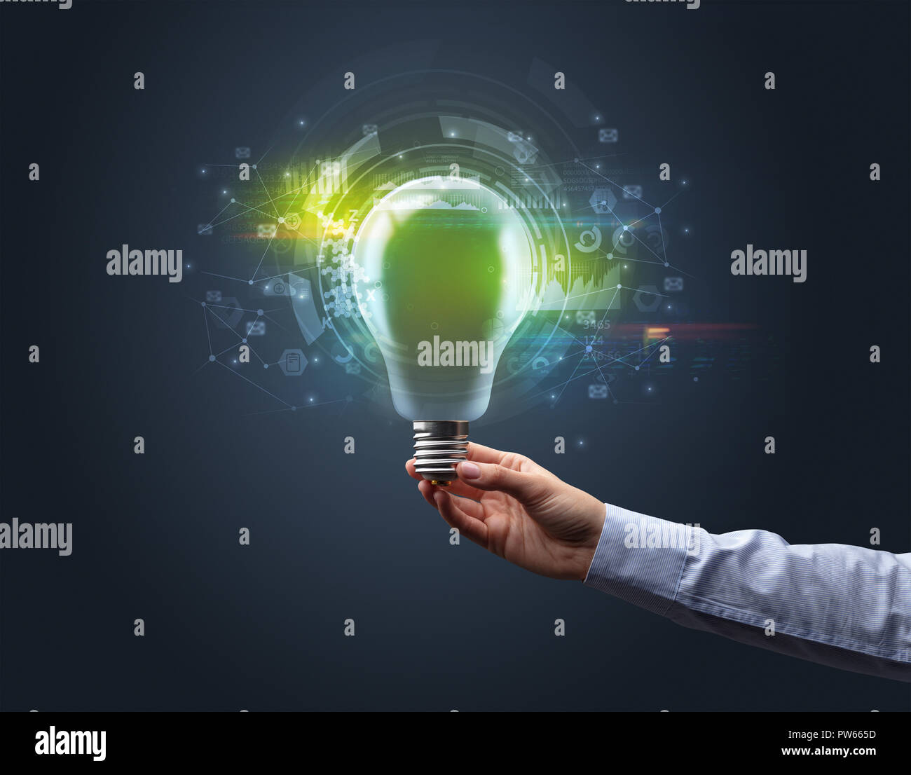Hand holding light bulb on dark background. New business idea concept ...