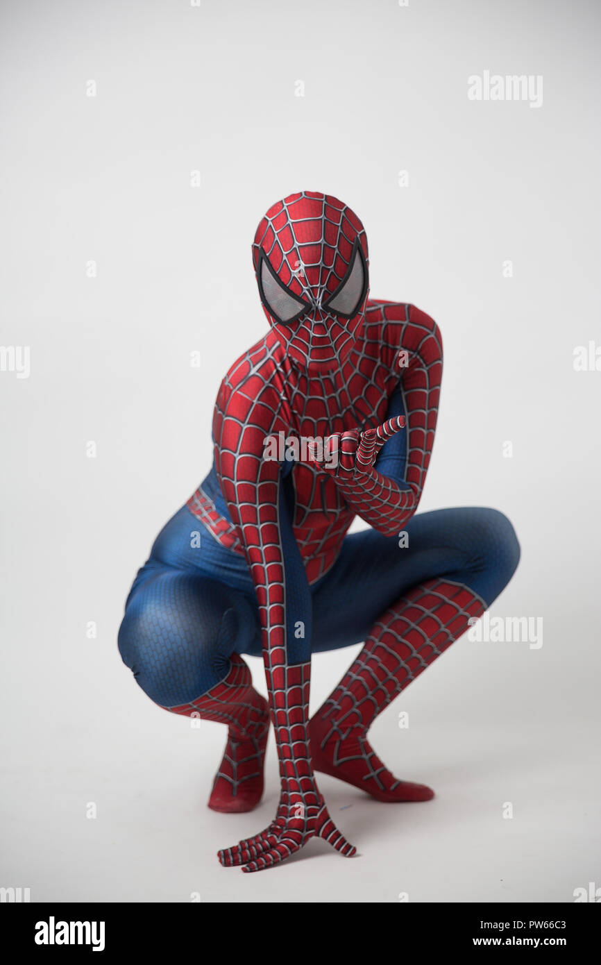 Ayuttaya, Thailand - 19 August 2018 : Spider-Man model sit down. Stock Photo