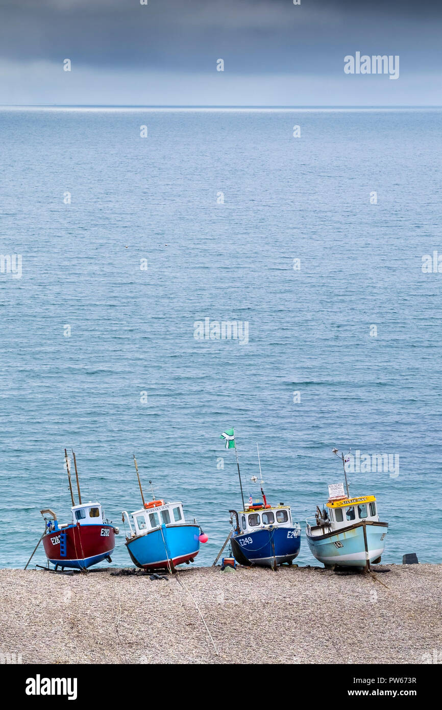 Four small fishing boats beached at Beer Beach in Devon. Stock Photo
