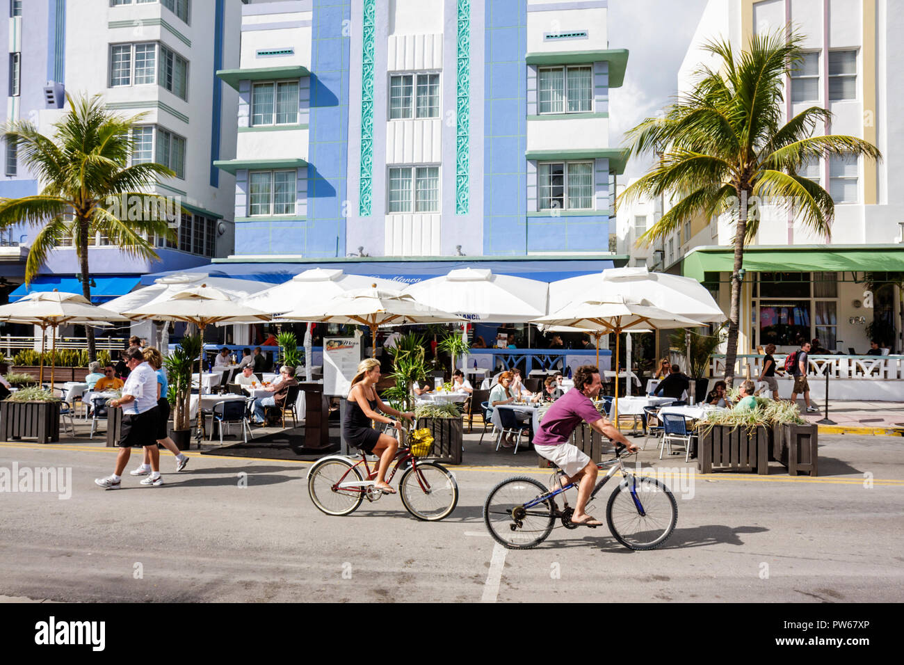 Miami Beach Florida,Ocean Drive,New Year's Day,Casablanca,hotel,street,sidewalk cafe,restaurant restaurants food dining cafe cafes,umbrellas,al fresco Stock Photo