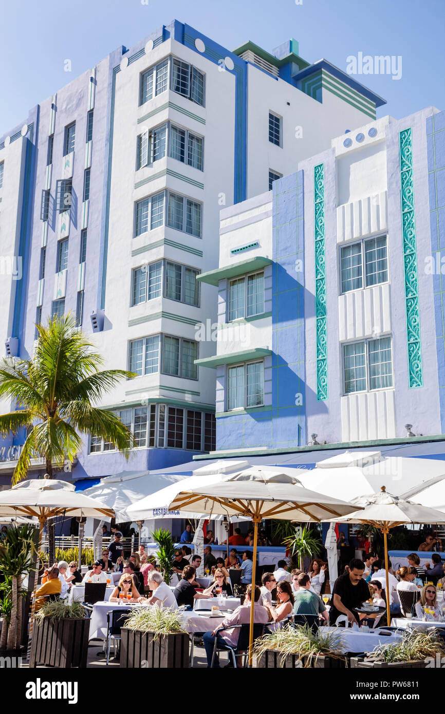 Miami Beach Florida,Ocean Drive,New Year's Day,Park Central,Casablanca,hotel,street,sidewalk cafe,restaurant restaurants food dining cafe cafes,umbrel Stock Photo