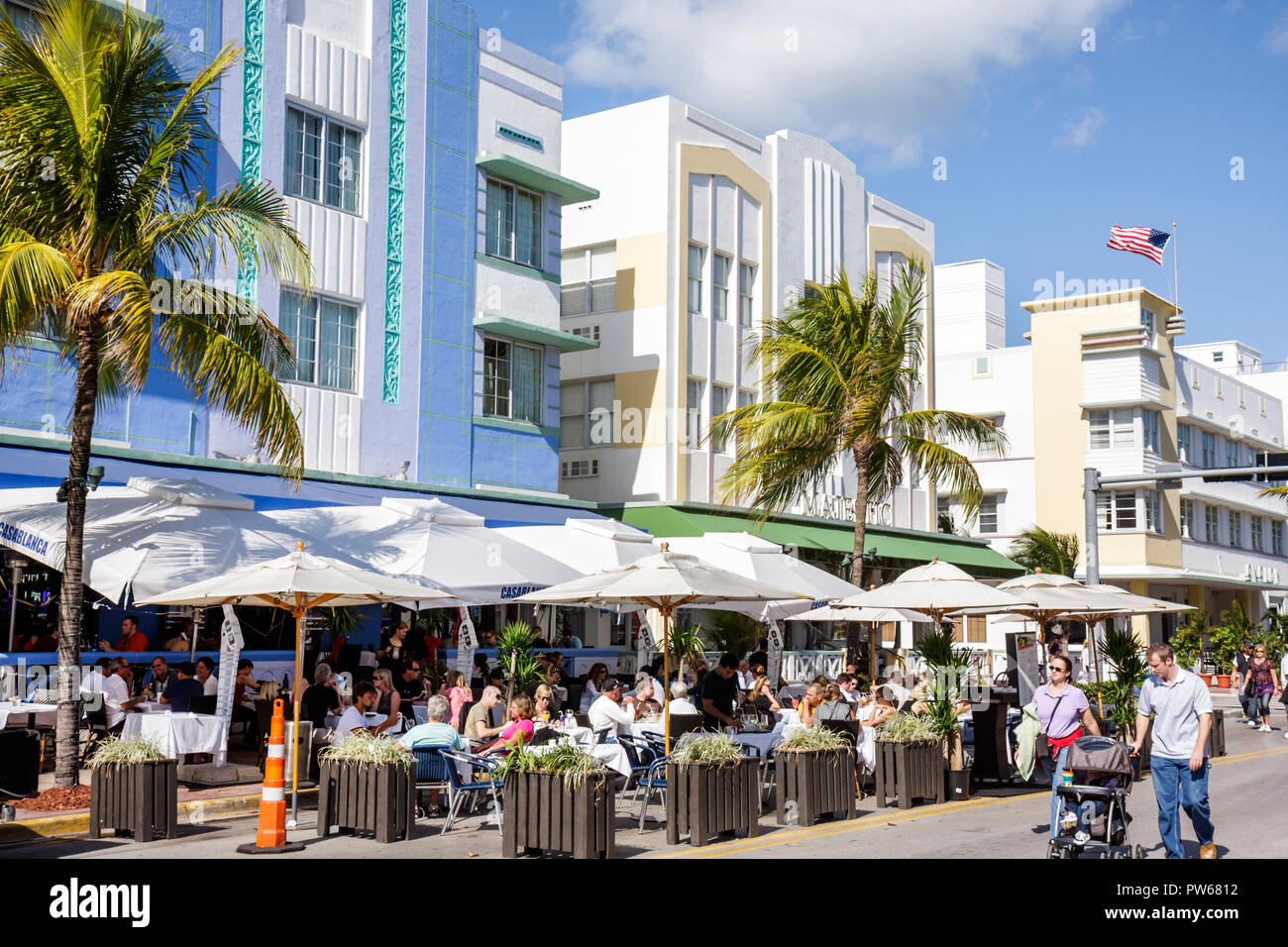Florida, FL, South, Miami Beach, SoBe, Art Deco District, "Ocean Drive", New Year's Day, Casablanca, hotel hotels lodging inn motel motels, street, si Stock Photo