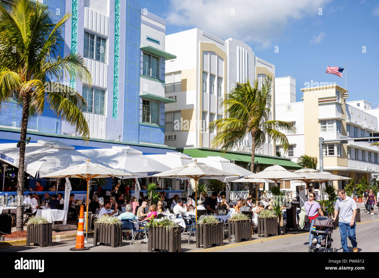 Miami Beach Florida,Ocean Drive,New Year's Day,Casablanca,hotel,street,sidewalk cafe,restaurant restaurants food dining cafe cafes,umbrellas,al fresco Stock Photo