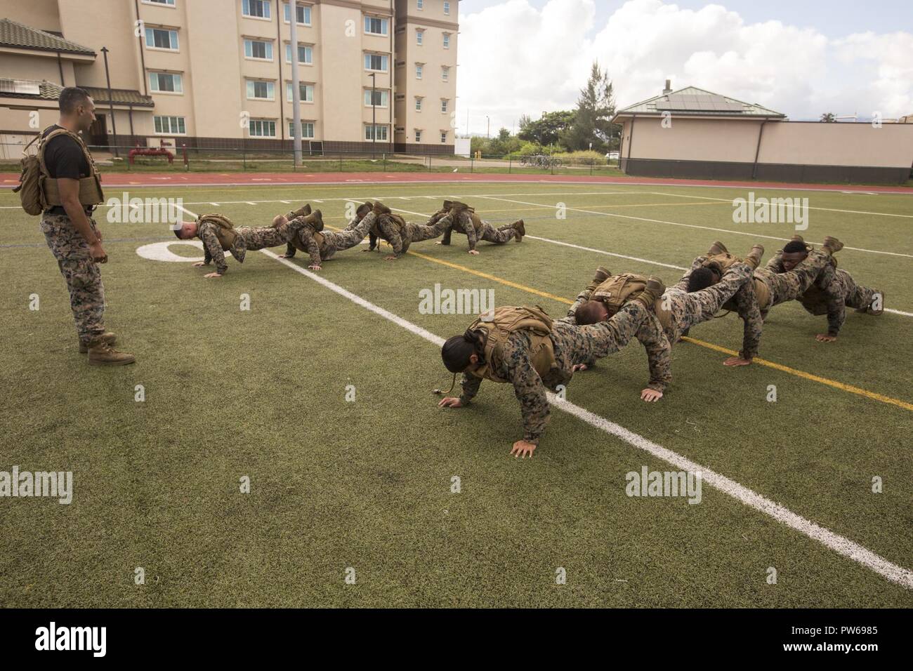 U.S. Marines conduct squad pushups during a Martial Arts Instructors