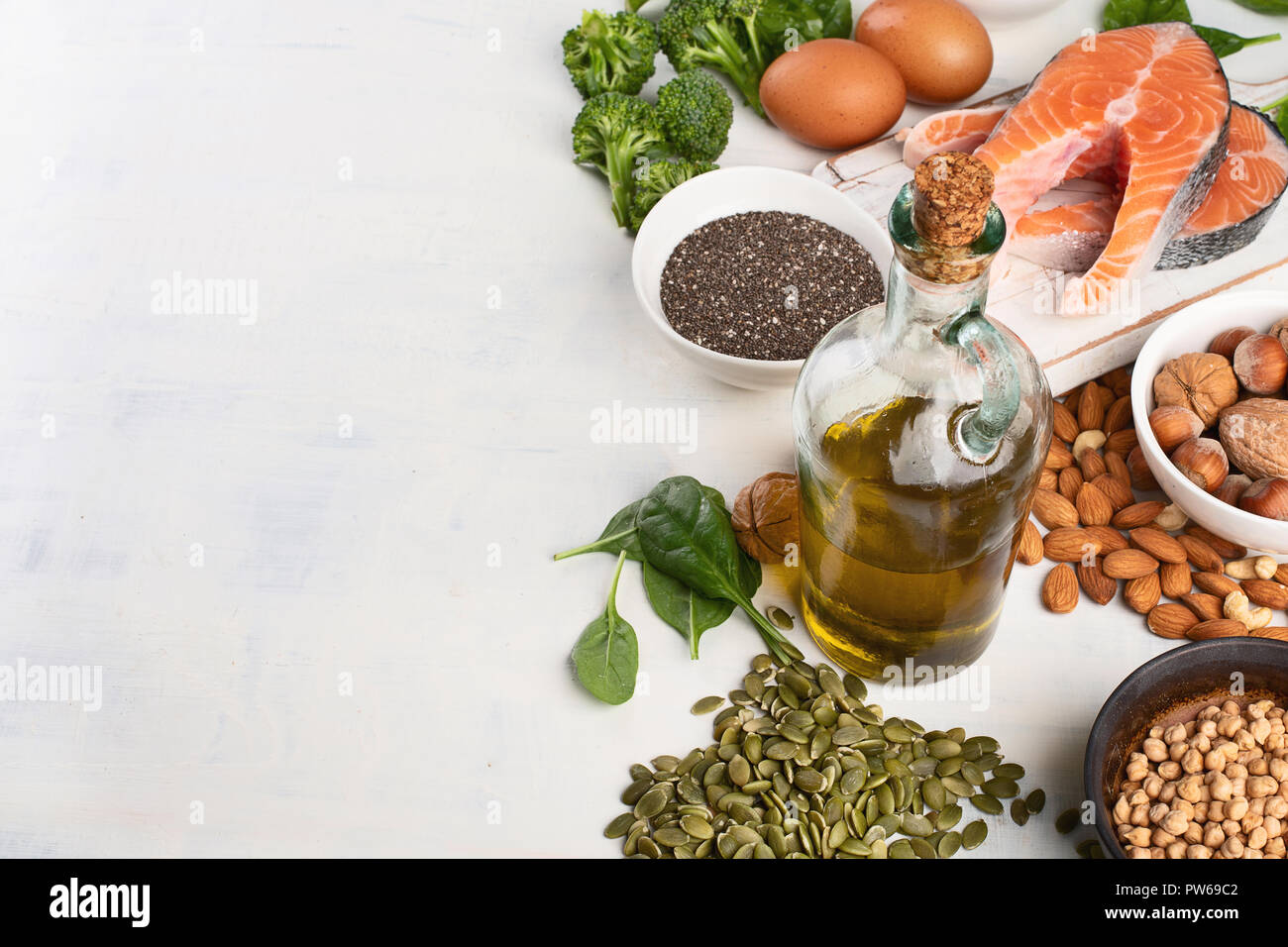 Foods Highest in Omega 3 Fatty Acids. Top view with copy space Stock