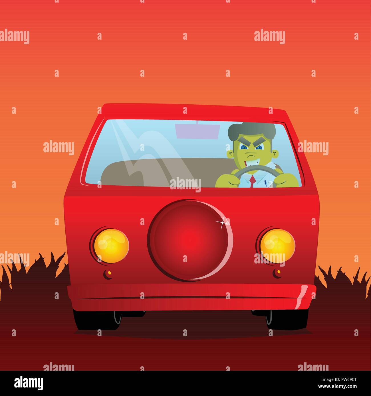 Yellow man driving, holding a steering wheel. Vector cartoon illustration. Stock Vector