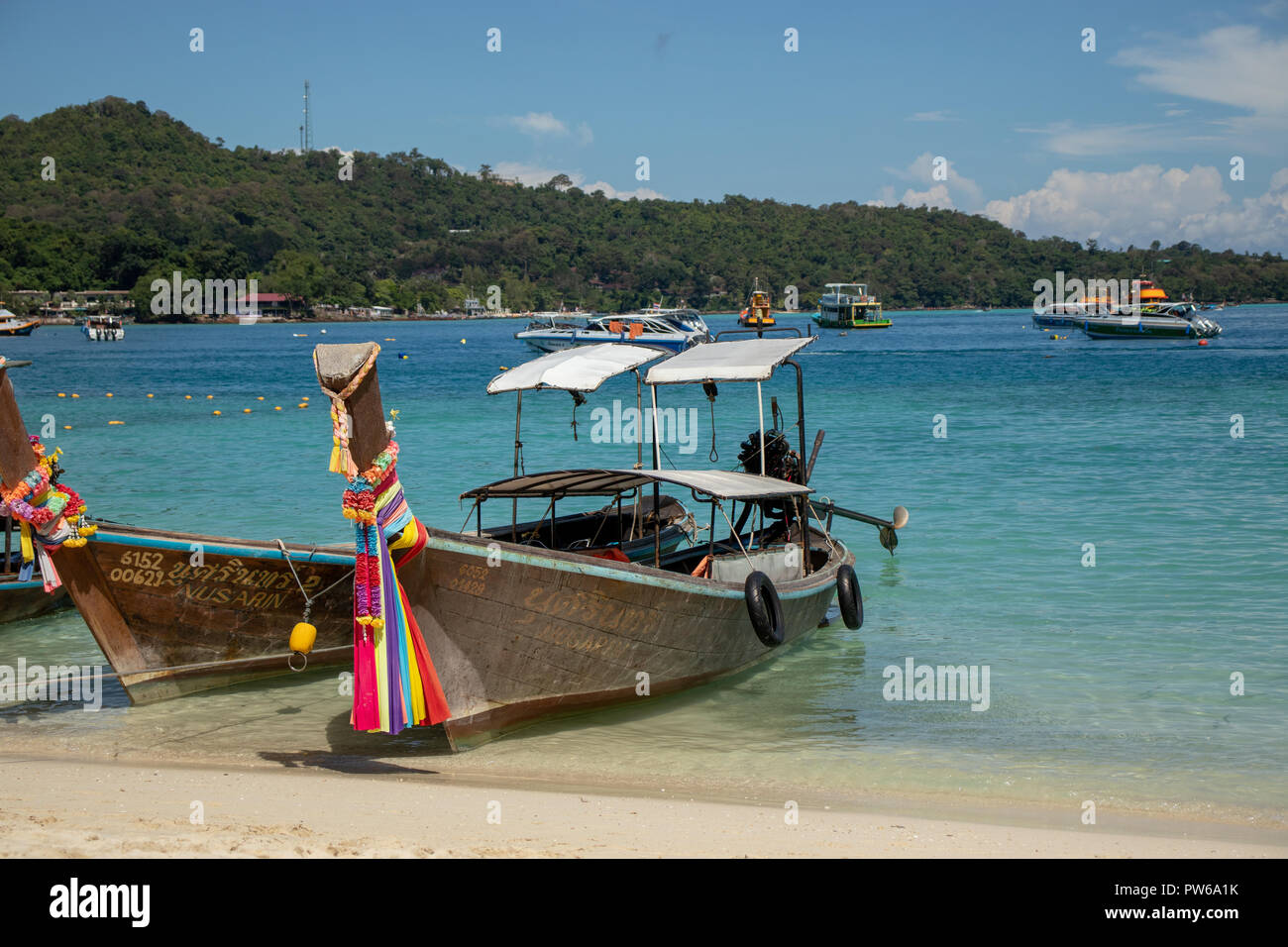 Long tail boats in Koh phi phi Stock Photo