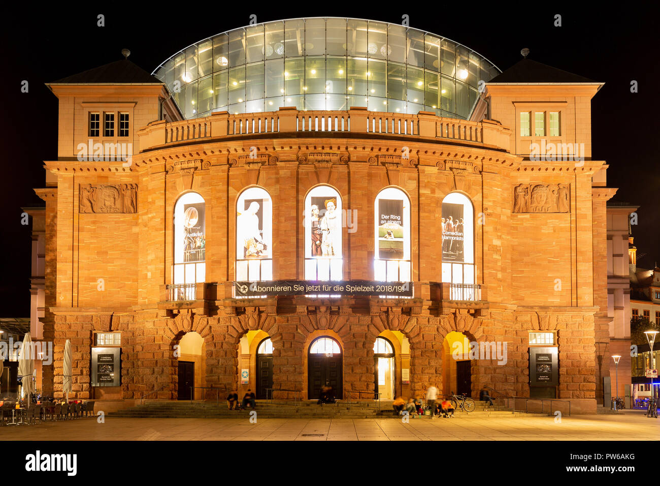 Mainz, Germany, Gutenbergplatz, October 12th. 2018 - Staatstheater Mainz at night. The theatre was build between 1829 and 1833 by the architect Georg  Stock Photo