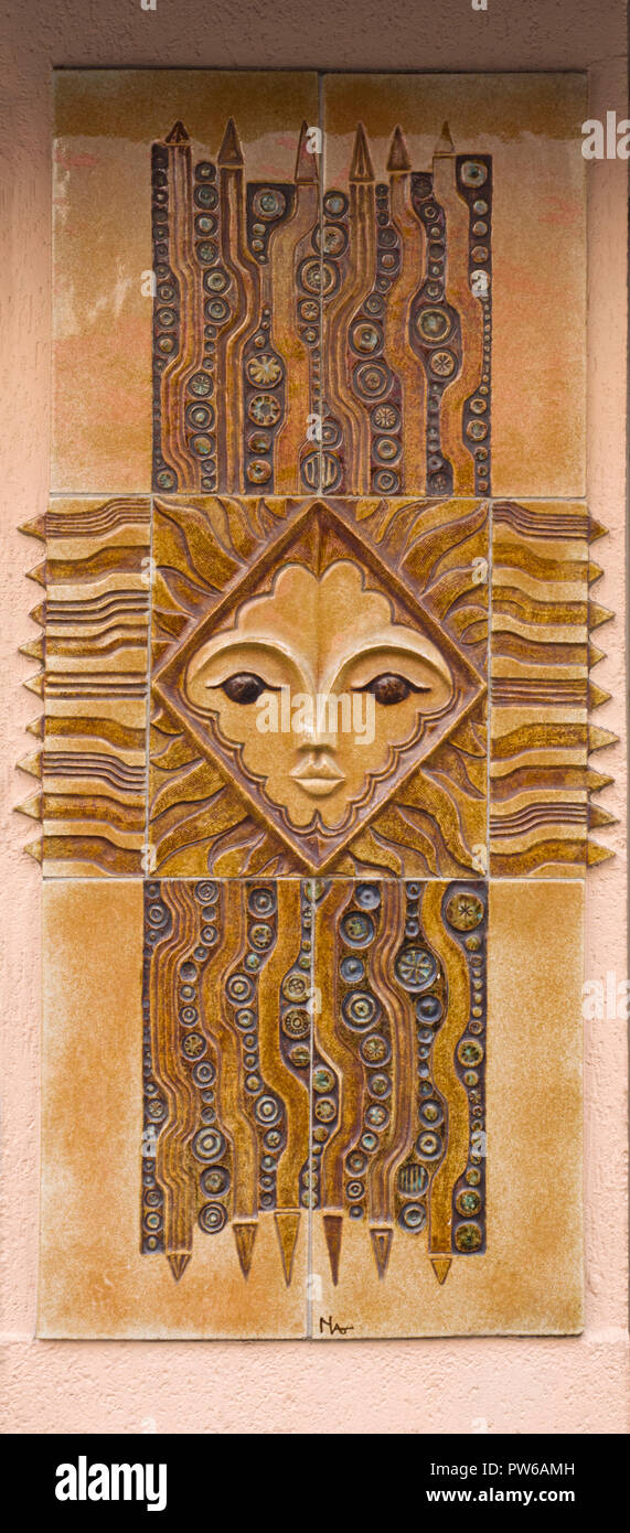 Ceramic tile work on a fish shop wall, Avenue de la Libération Argeles, France Stock Photo