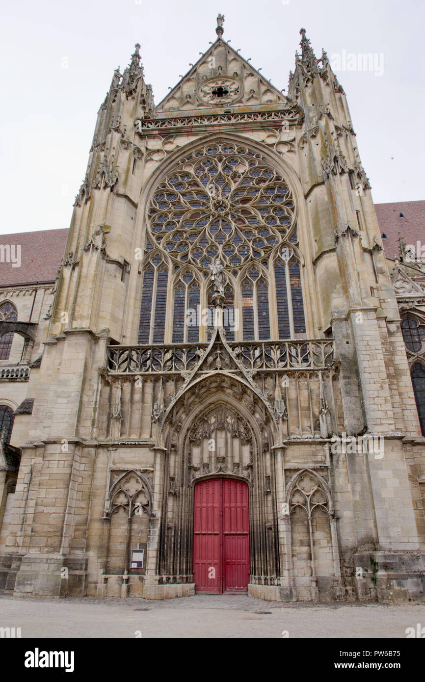 The south transept portal and rose window Sens Cathedral Stock Photo