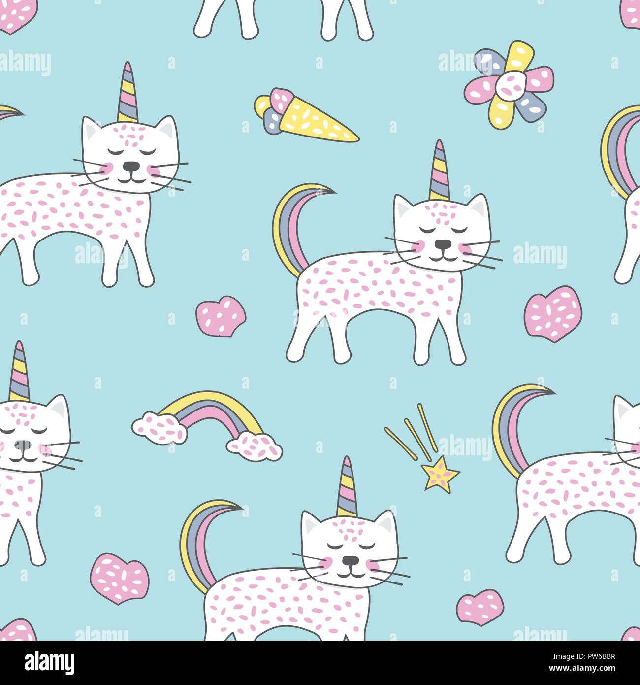 Childish seamless pattern with cute cats unicorn. Creative texture for fabric Stock Vector